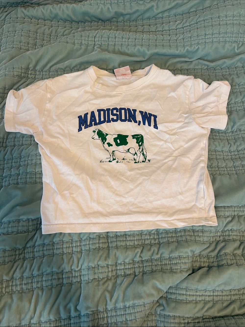 Madison, WI White Cropped Tee with Green Cow Graphic